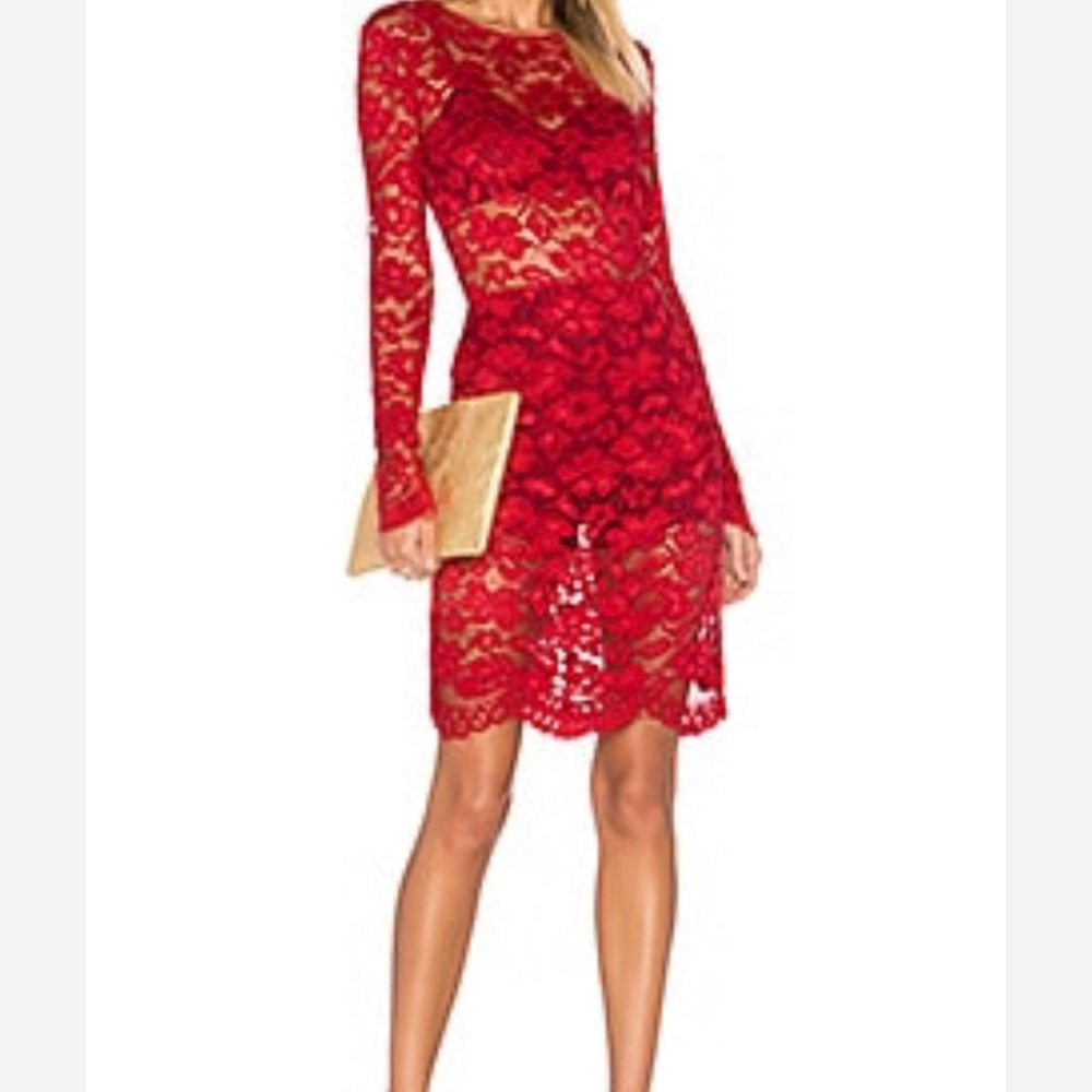 Lover's +‎ Friends Dream Girl Dress Red Long Sleeve Lacey Mini Dress XS